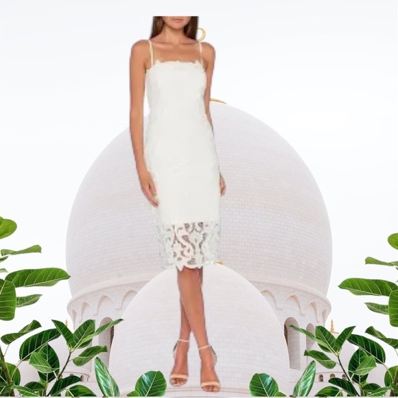 Bardot Lina Crochet Lace Midi Sheath Party Dress In White Sz. 12 Romantic - Picture 1 of 8